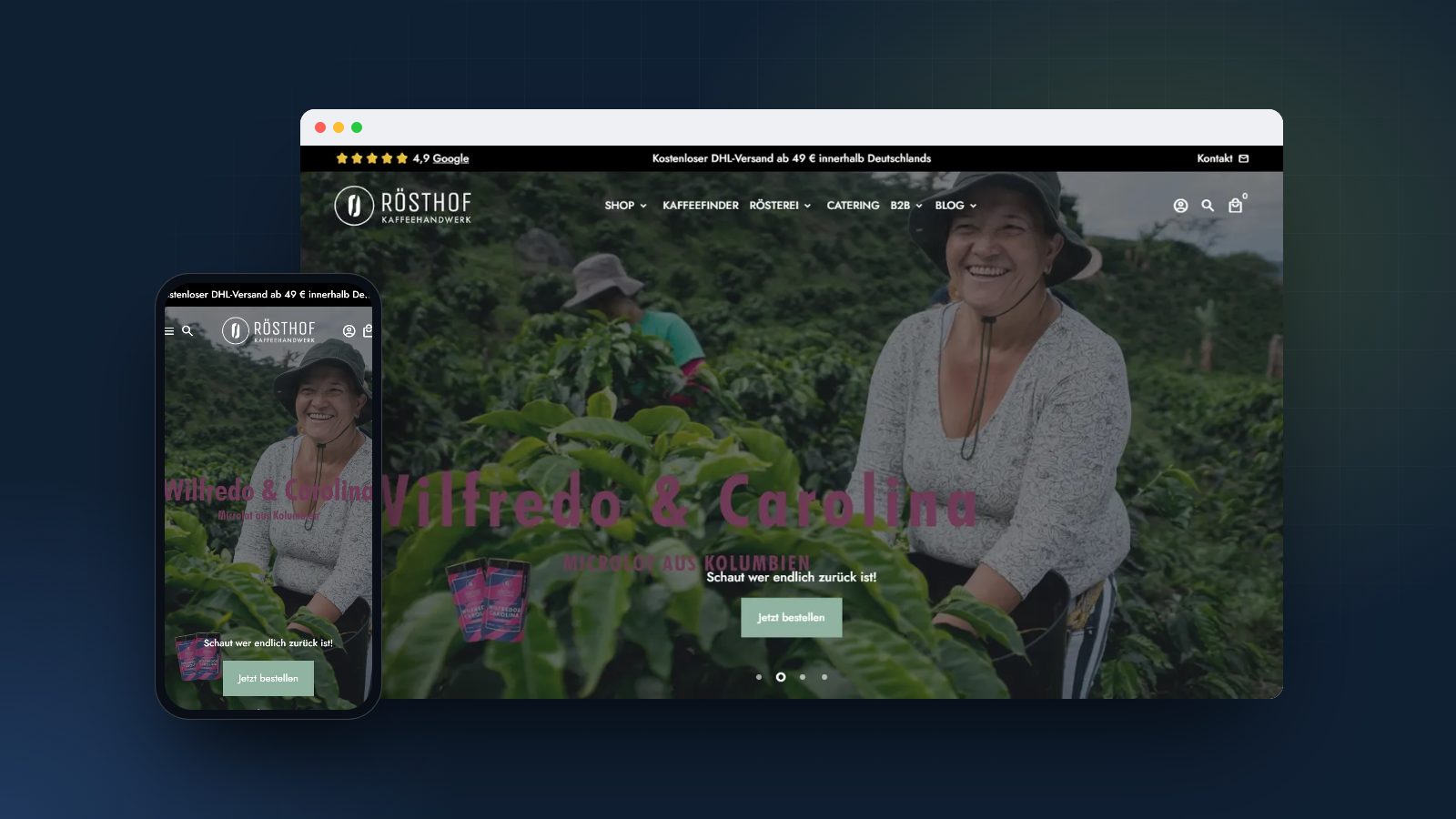 Shopify-Shop von Rösthof auf Laptop und Smartphone