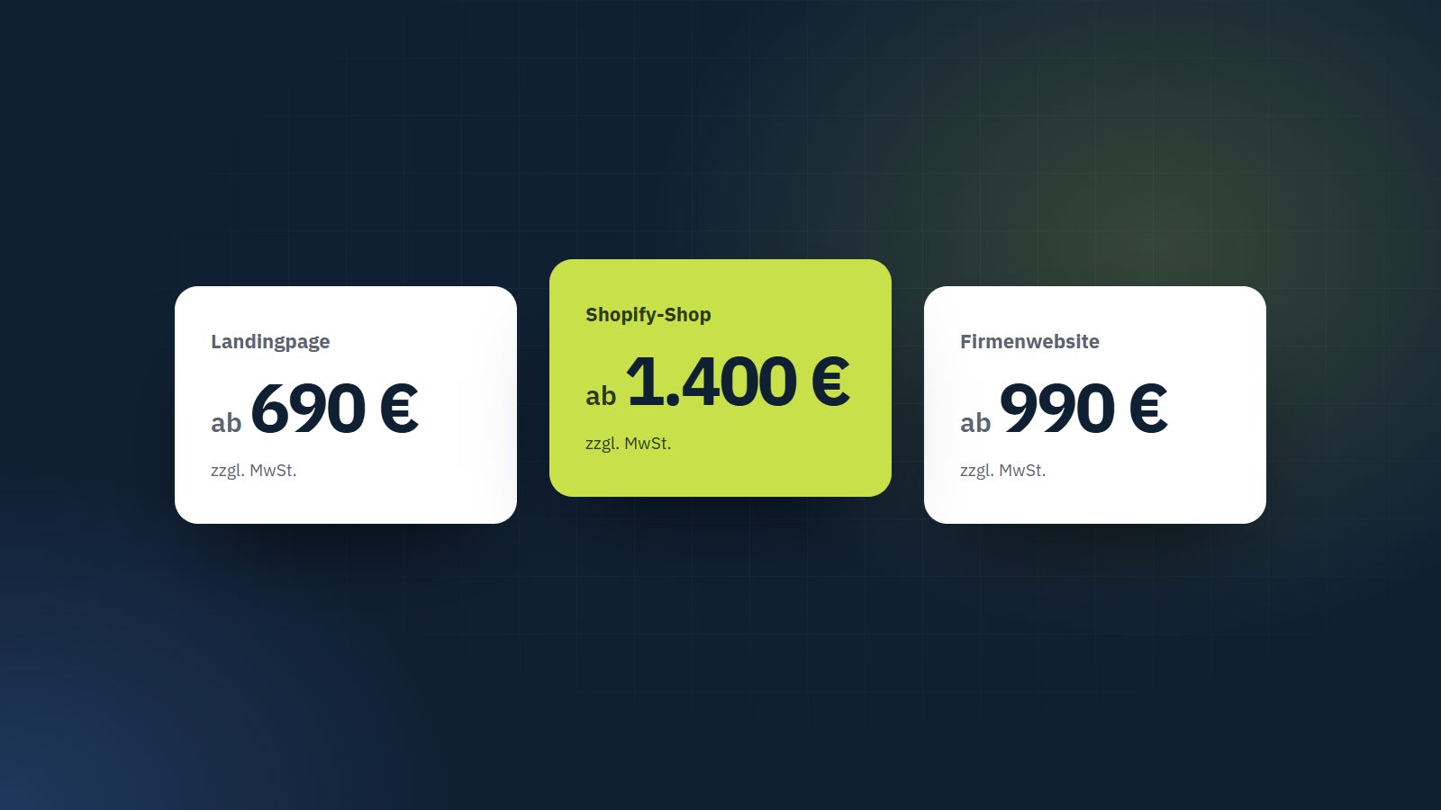 Preisübersicht für Landingpage, Firmenwebsite und Shopify-Shop